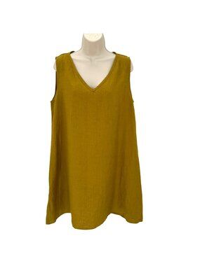 Flax Womens Mustard Yellow Sleeveless 100% Linen V-Neck Tunic Dress Size S